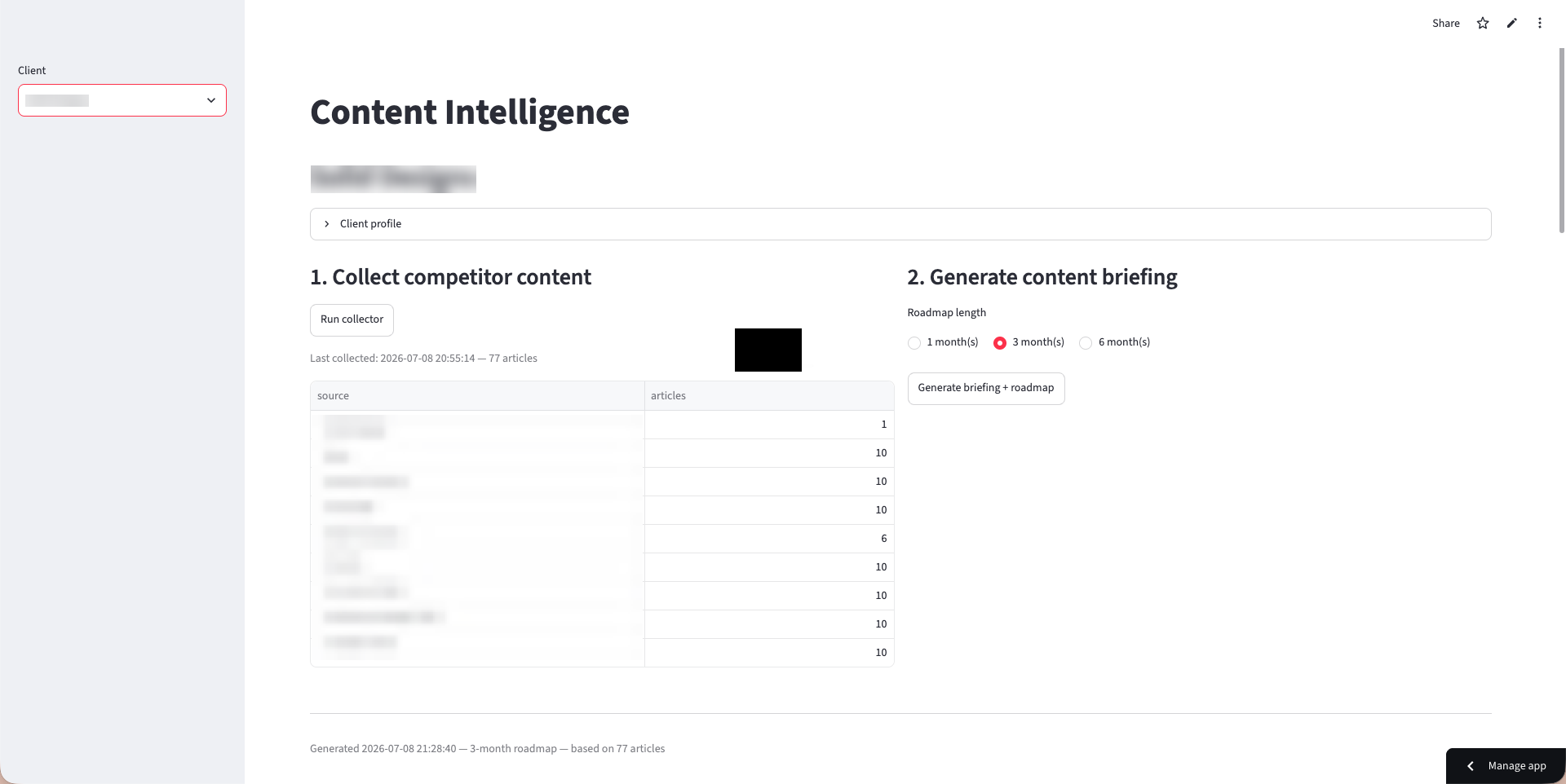 Content Intelligence dashboard collecting competitor content and generating a briefing