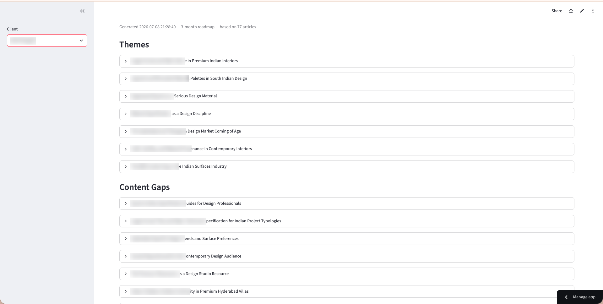 Generated content roadmap showing themes and content gaps