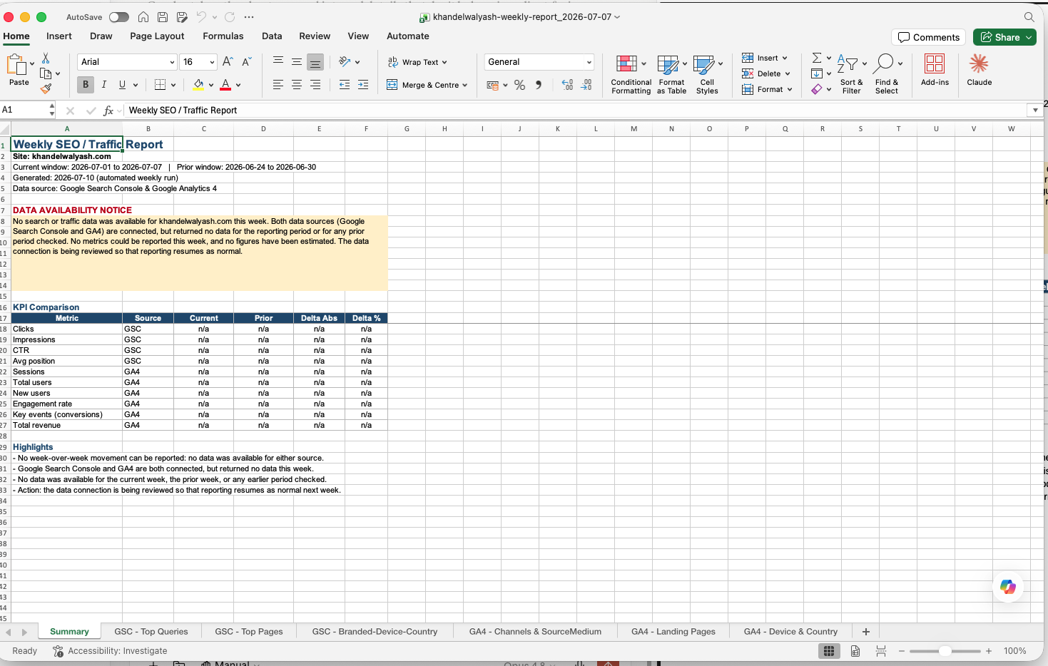 Full Excel workbook with GSC and GA4 data behind every report