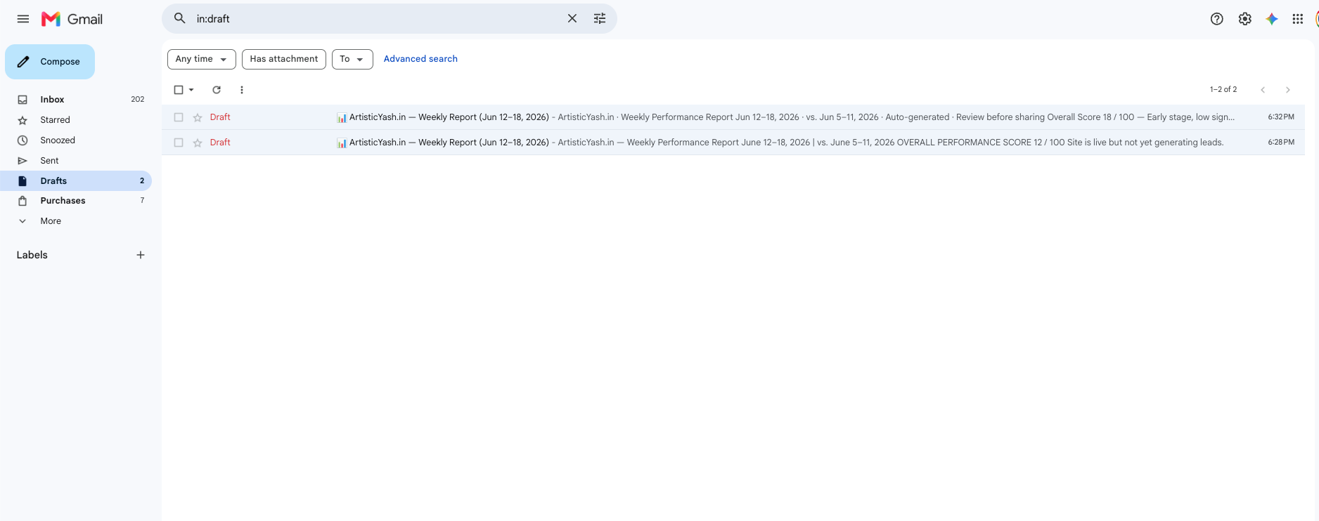 Automated reports waiting in Gmail drafts