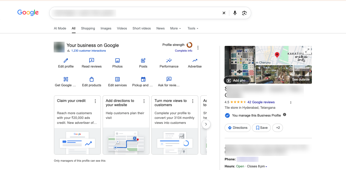The studio's Google Business Profile listing, rated 4.5 stars. Business name, address, and phone number blurred to protect client identity.